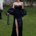 Detail of elegant black off-shoulder satin gown with voluminous puff sleeves and side slit - ST184 Black Pearl Satin Long Puff Sleeves