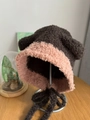 Cappello in maglia con orecchie da orso e lacci in marrone scuro e rosa - Caffè scuro e rosa antico