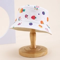 Detail of white canvas kids bucket hat with colorful fruit print and neat brim stitching - Kids One Size / White (Tutti Frutti Fruit)