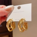 Fashionable gold layered triple hoop earrings with S925 silver needles on a display card - 20# Hoop-Golden C-Shape