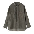 Women's casual striped long sleeve shirt with front pockets and elegant neck tie bow - XS / Army Green