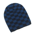Detail of blue and black checkered knit pattern on a warm winter beanie hat - Blue & Black Checkerboard