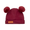 Burgundy knit baby beanie with double faux fur pom-poms and handmade leather tag - Wine Red (SS142-21)