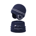 Kids navy winter knit set with fleece-lined earflap hat and scarf featuring smiley face - Navy Blue