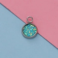 Macro shot of 12mm stainless steel pendant tray with shimmering blue-green resin opal inlay - Blue Green Iridescent Resin Style (32)