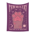 Detail van paars Pawmistry-wandtapijt met kattenpoot-astrologie en lotgevallen tekst - 73x95cm (Geborstelde Stof) / Paarse Poot Waarzeggerij (ZJ616-7)