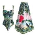 Set da spiaggia con costume intero e gonna lunga coordinata a stampa tropicale - S / Set 2 Pezzi (Costume + Gonna)