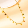 Close-up of gold stainless steel necklace with colorful zircon stars and heart charms - Star Color Zirconia Style (N0149)