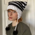 Handmade crochet cat ear hat with black and white stripes and side pompom ties - Adult 56-59cm / Black & White Stripes
