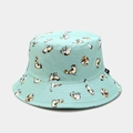 Detail of mint green bucket hat featuring all-over cute cartoon cat prints and fabric texture - Aqua