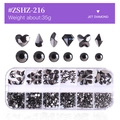 12-grid storage box with mixed jet black nail art glass rhinestones in various shapes - Jet Black (ZSHZ-216)