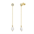 Elegant S925 silver long tassel earrings with white pearls and gold chain finish - GPE19 Zirconia Chain Long Pearl Drop Earrings / Gold