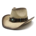 Western straw cowboy hat with turquoise metal buckle and leather band on white background - M (56-58cm) / Beige Brown