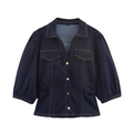 Chemise en jean bleu foncé à manches bouffantes et boutons dorés sur fond blanc - XS / Chemise Bleu Foncé