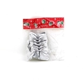 Detail view of silver Christmas bows set in festive red header card packaging - 12 Pieces/Pack / Silver