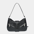 Minimalist black baguette shoulder bag with symmetric zippers and bow detail - Black