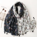 Floral navy blue beach shawl with tassel trim and lightweight cotton linen texture - Navy White Floral