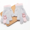 Grey knit children gloves with pink accents and cute bunny patch for autumn winter - Suggested 3-7 Years Old / Gray