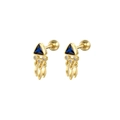 Golden S925 silver triangle stud earrings featuring deep blue gem and dangling tassels - Sapphire Blue