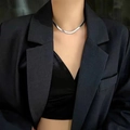 Elegant silver snake chain necklace on model, minimalist flat steel clavicle chain - Snake Chain (4mm) / Silver