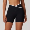 Black high-waisted yoga shorts with V-cross waistband and white contrast trim detail - S / Premium Black