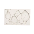 Detailed macro view of white silicone mold featuring four vintage European clock designs - Gray