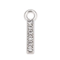 Close-up of silver-tone letter I pendant featuring six round sparkling zircons - Letter I