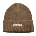 Detail of rib-knit brown beanie with rectangular woven patch showing THE FOCUS logo - M(54-60cm) / Coffee