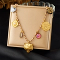 Gold leopard head necklace with irregular round charms and pink braided rope cord - Panther Rose Brown White Rope Necklace (N3614)