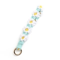 Handmade mint green daisy flower woven wrist strap keychain with gold spring buckle - White Blue