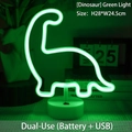 Green dinosaur neon LED lamp with round base, 28x24.5cm, USB or battery powered decoration - Dinosaur Green