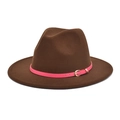 Detail of dark brown wool fedora hat featuring a pink band and golden metal buckle - M(56-58cm) / Coffee