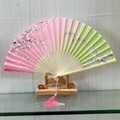 Pink and green gradient folding fan with cherry blossom and butterfly print with tassel - Plum and Butterfly Dance (Pink)