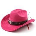 Detail of rose red suede cowboy hat with bull head silver buckle and leather band - M (56-58cm) / Rose Red