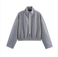 Women's dark gray cropped zipper jacket with high collar and elastic hem, wool blend texture - XS / Dark Grey Jacket