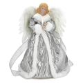 Silver lighted Christmas angel tree topper with white feathers and shimmering fabric - Silver Winter Outfit Angel / With LED Battery Box (Batteries Not Included)