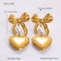 Pendientes de lazo en acero inoxidable dorado con perlas y colgantes de corazón - EH11408/Pendientes de Relicario de Corazón de Perla con Lazo Dorado