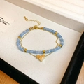 Double-layer light blue beaded bracelet with hammer-textured golden heart pendant - Blue Heart Bracelet(45#)