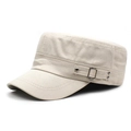 Classic beige cotton flat top cadet hat for men with side metal buckle and studs - Adjustable / Off White