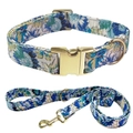 Floral print dog collar and leash set with blue and green flowers and gold metal hardware - Leash + Collar Set / Size S(25-40cm) / Sky Blue Floral