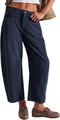 Women's dark blue corduroy wide leg trousers with high waist elastic and button - S / Deep Blue With Rivets