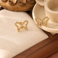 Detail of gold beaded butterfly earrings with intricate woven texture on beige fabric - Butterfly Beaded Studs (ZHE486金)