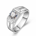 Men's silver ring with large round solitaire and pave diamonds on square band - Men's Ring [plated Copper With White Gold] Ljz-118 / Adjustable Open