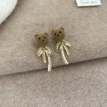 Pendientes de oso flocado marrón con lazos chapados en oro de 18 quilates para mujer - Pendientes de Oso Marrón con Lazo Hueco (8#)