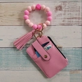 Pink silicone bead bracelet keychain set with PU leather wallet and tassel accessory - Pink