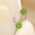 Macro shot of silver curved barbell earrings with vibrant green pave crystal spheres - Style 04 White Gold Tone M-038 / Single Piece / Green