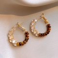 18k gold plated hoop earrings with tiger eye beads on soft fabric background - 1# Tiger Eye Spliced Hoop Earrings (1#)