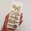 5-piece gold hair clip set with white rhinestones featuring butterfly and floral designs - Seven Late Style (5 Piece Set)
