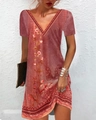 Ethnic style short sleeve V-neck floral dress in brick red with intricate gold prints - S / Tops / T-Shirts / Red