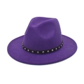 Close-up of wide-brim purple wool fedora hat with black leather rivet belt detail - Purple